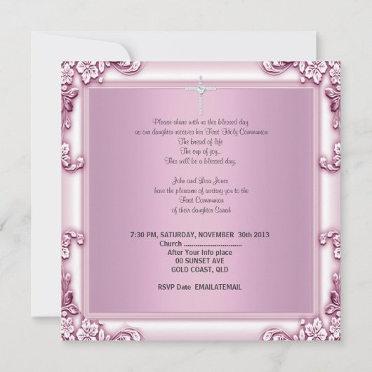 ガールファースト聖餐式ピンクヴェイルピンククロス 招待状 (裏面)