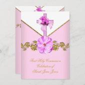 ガールファースト聖餐式ピンク白い花3 招待状 (正面/裏面)