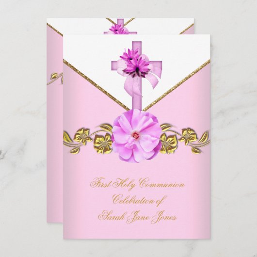 ガールファースト聖餐式ピンク白い花3 招待状 (正面/裏面)