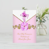 ガールファースト聖餐式ピンク白い花3 招待状 (スタンド正面)