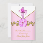 ガールファースト聖餐式ピンク白い花3 招待状 (正面)