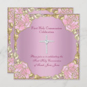 ガールファースト聖餐式ピンク金ゴールドシルバークロス2 招待状 (正面/裏面)