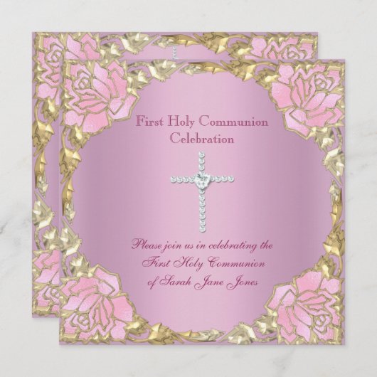 ガールファースト聖餐式ピンク金ゴールドシルバークロス2 招待状 (正面/裏面)