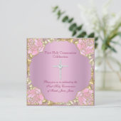 ガールファースト聖餐式ピンク金ゴールドシルバークロス2 招待状 (スタンド正面)