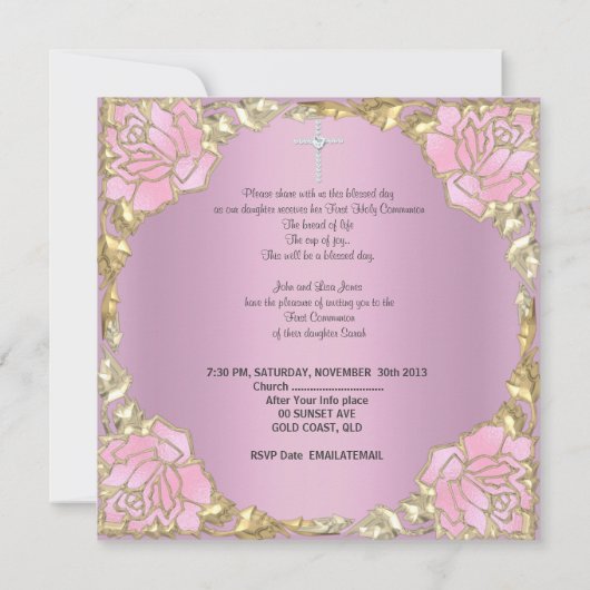 ガールファースト聖餐式ピンク金ゴールドシルバークロス2 招待状 (裏面)