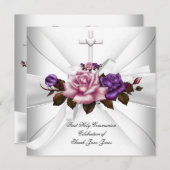 ガールファースト聖餐式ホワイトシルバーピンクパープル 招待状 (正面/裏面)