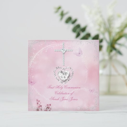 ガールファースト聖餐式ホワイトピンクバタフライ 招待状 (スタンド正面)
