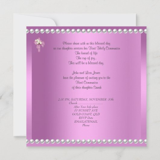 ガールファースト聖餐式ホワイトレースピンクパール 招待状 (裏面)