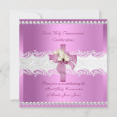 ガールファースト聖餐式ホワイトレースピンクパール 招待状 (正面)