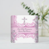 ガールファースト聖餐式レースかわいらしピンク 招待状 (スタンド正面)