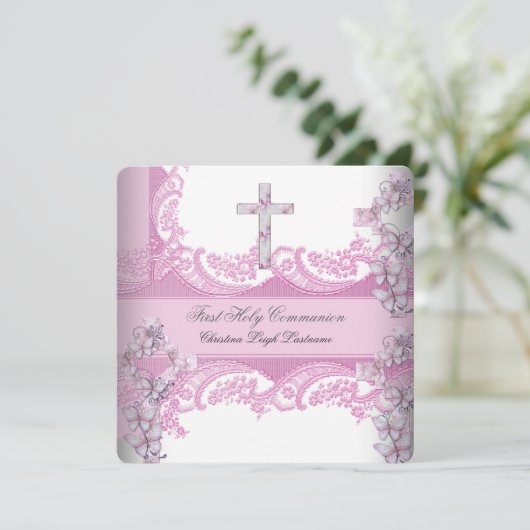 ガールファースト聖餐式レースかわいらしピンク 招待状