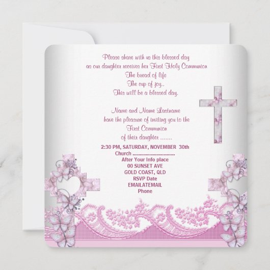 ガールファースト聖餐式レースかわいらしピンク 招待状 (裏面)