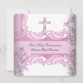 ガールファースト聖餐式レースかわいらしピンク 招待状 (正面)