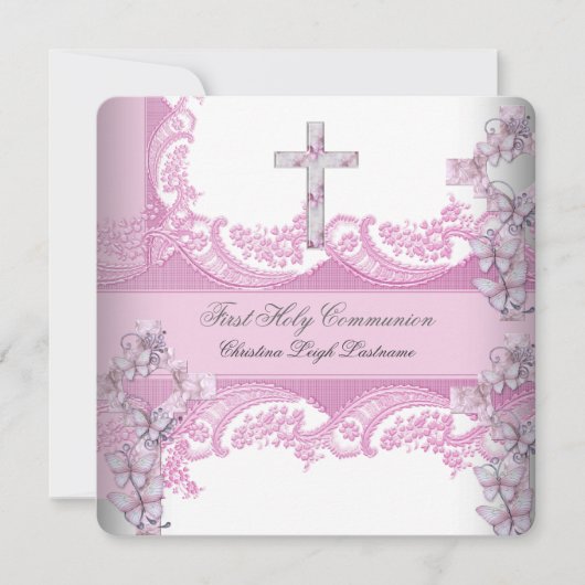 ガールファースト聖餐式レースかわいらしピンク 招待状 (正面)