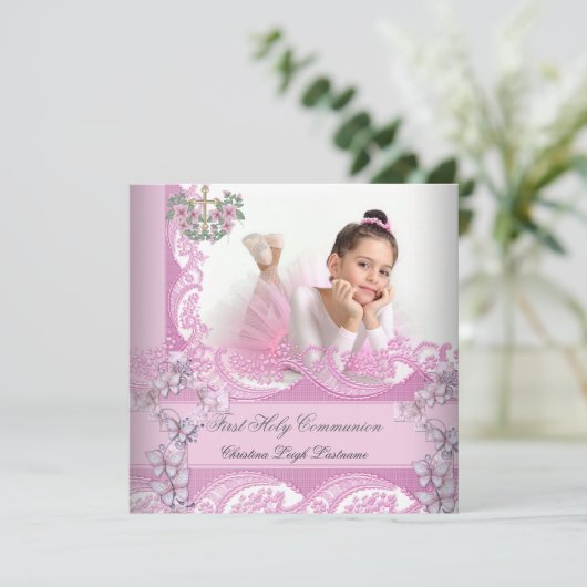 ガールファースト聖餐式レースのピンク写真 招待状 (スタンド正面)