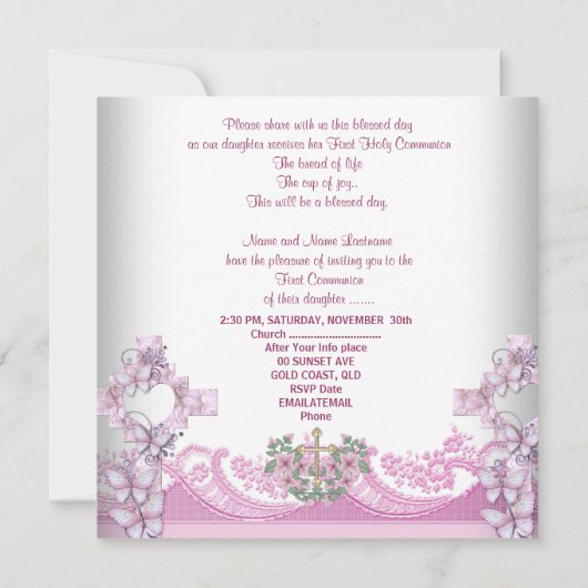 ガールファースト聖餐式レースのピンク写真 招待状 (裏面)