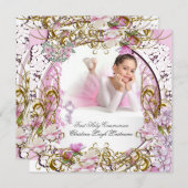 ガールファースト聖餐式レースピンク金ゴールド写真 招待状 (正面/裏面)