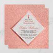 ガールファースト聖餐式ローズゴールドマーブルピンクリッター 招待状 (正面/裏面)