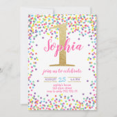 ガールファースト誕生日カラフル紙吹雪金ゴールド番号 招待状 (正面)