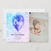 ガールファースト誕生日グリッターグラデーションバルーンフォト 招待状 (正面)