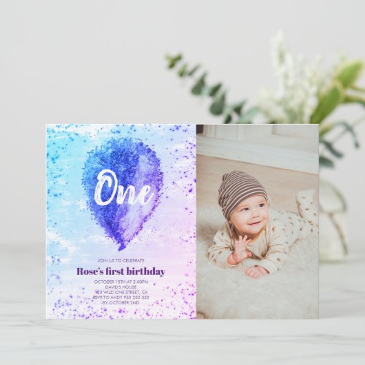 ガールファースト誕生日グリッターグラデーションバルーンフォト 招待状 (スタンド正面)