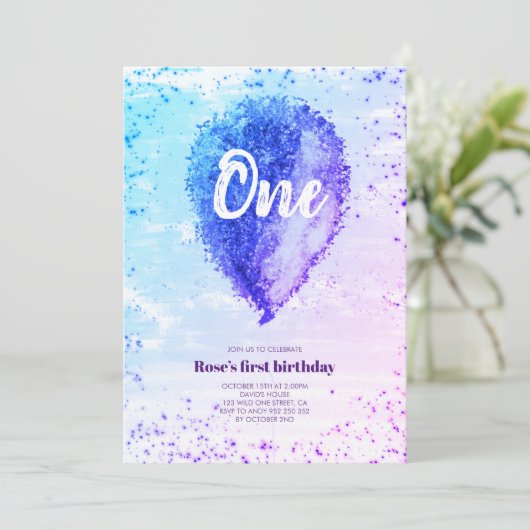 ガールファースト誕生日グリッターグラデーションバルーン 招待状 (スタンド正面)