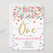 ガールファースト誕生日ハートレインボーシャワーグリッター 招待状 (正面)