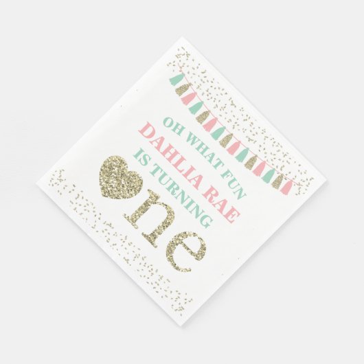 ガールファースト誕生日パーティナプキンズピンクミント金ゴールド スタンダードランチョンナプキン (角)