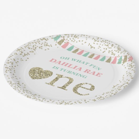 ガールファースト誕生日パーティープレートピンクミント金ゴールド ペーパープレート (アングル)