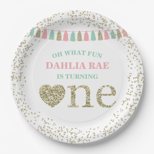ガールファースト誕生日パーティープレートピンクミント金ゴールド ペーパープレート (正面)