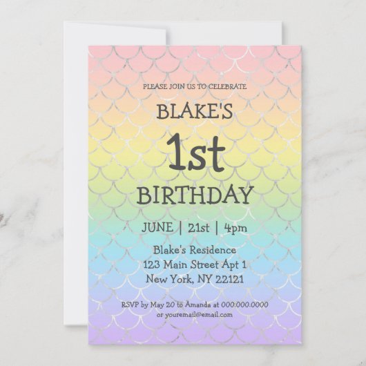 ガールファースト誕生日マーメイドレインボー 招待状 (正面)