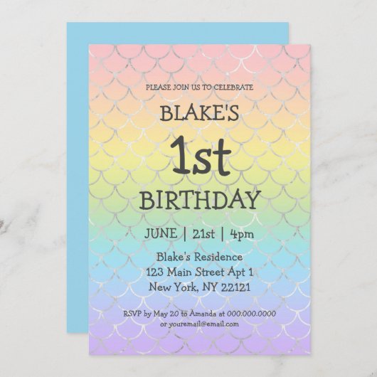 ガールファースト誕生日マーメイドレインボー 招待状 (正面/裏面)