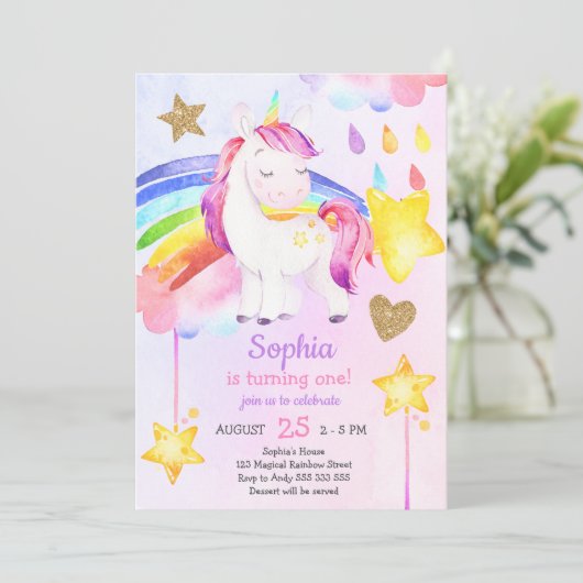 ガールファースト誕生日ユニコーンレインボーウォーター色 招待状 (スタンド正面)