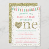 ガールファースト誕生日招待状ピンクミント金ゴールド 招待状 (正面/裏面)