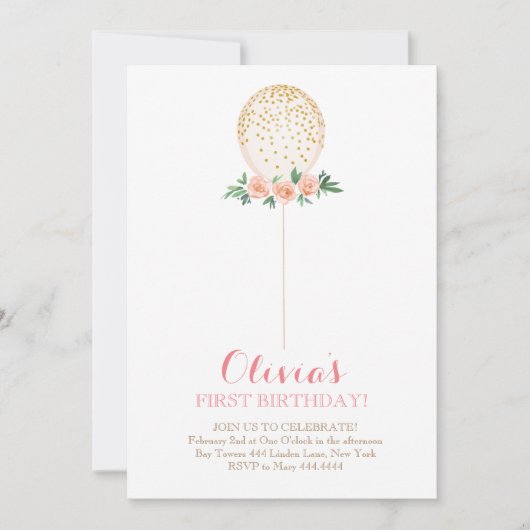 ガールファースト誕生日水カラー金ゴールドバルーン 招待状 (正面)