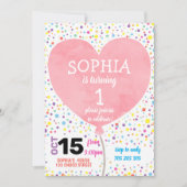 ガールファースト誕生日水彩ハートバルーンカワイト 招待状 (正面)