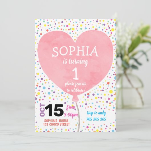 ガールファースト誕生日水彩ハートバルーンカワイト 招待状 (スタンド正面)