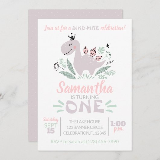 ガールファースト誕生日水彩紫恐竜 招待状 (正面/裏面)