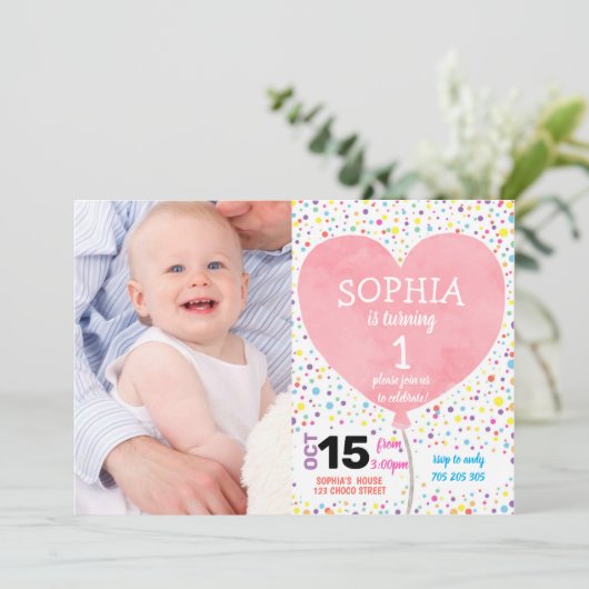 ガールファースト誕生日紙吹雪ハート気球写真 招待状 (スタンド正面)