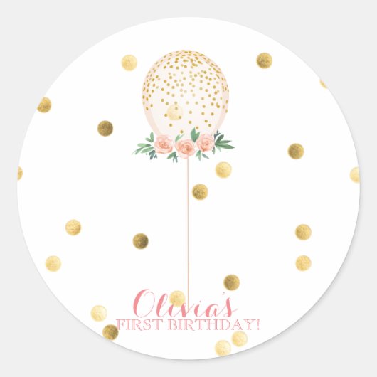 ガールファースト誕生日金ゴールドバルーン ラウンドシール (正面)