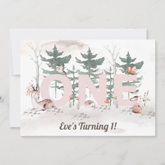 ガールファースト誕生日、ウッドランドアニマルズピンクワン 招待状 (正面)