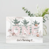 ガールファースト誕生日、ウッドランドアニマルズピンクワン 招待状 (スタンド正面)