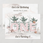 ガールファースト誕生日、ウッドランドアニマルズピンクワン 招待状 (正面/裏面)