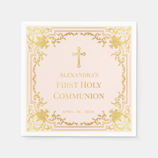 ガールファースト赤面ピンクフェイク金ゴールドクロス スタンダードカクテルナプキン (正面)