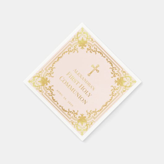 ガールファースト赤面ピンクフェイク金ゴールドクロス スタンダードカクテルナプキン (角)