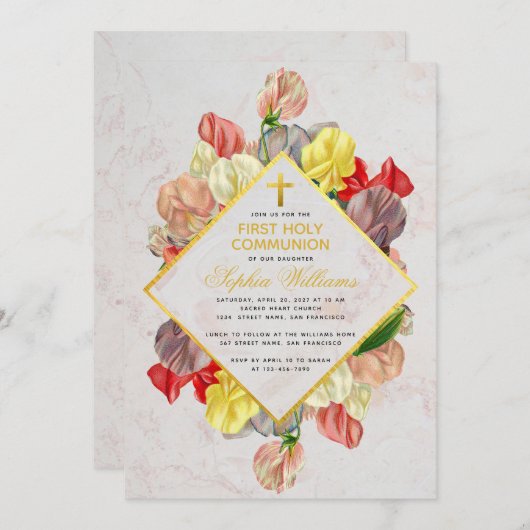 ガールファースト金ゴールド大理石スイートピースフローラ 招待状 (正面/裏面)