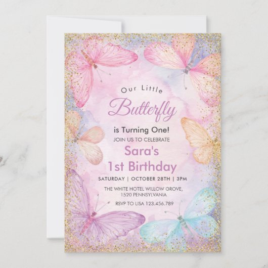 ガールファースト1th誕生日リトルバタフライパーティー 招待状 (正面)
