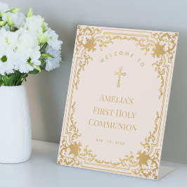 ガールファースト・コミュニオンピンクと金ゴールドヴィンテージ歓迎 台座サイン