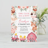 ガールファームアニマルズピンク納屋周囲の庭誕生日招待 招待状 (スタンド正面)