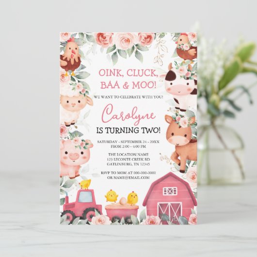 ガールファームアニマルズピンク納屋周囲の庭誕生日招待 招待状 (スタンド正面)